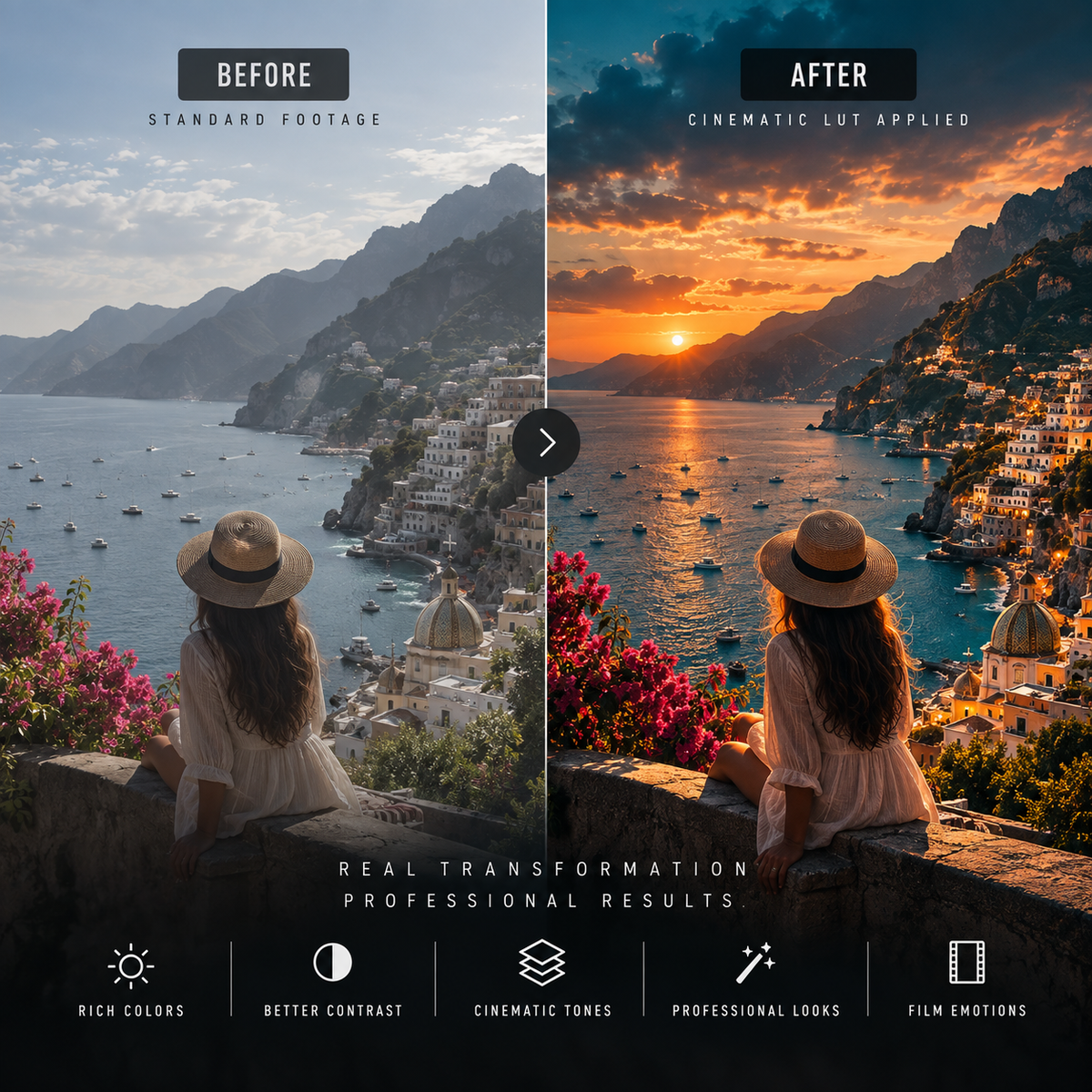 Before-and-after comparison of a coastal landscape photo with a seated woman in the foreground. The left side is labeled 'BEFORE' and shows a standard, less dramatic color treatment.