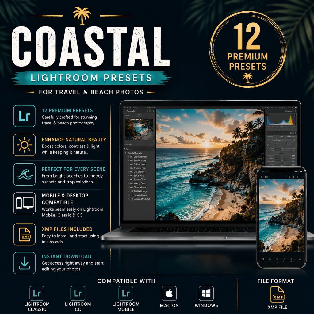 Promotional graphic for Coastal Lightroom Presets, showing a laptop and phone displaying tropical beach photos, with text highlighting 12 premium presets, compatibility with Lightroom on Mac and Windows, and file format as XMP file.