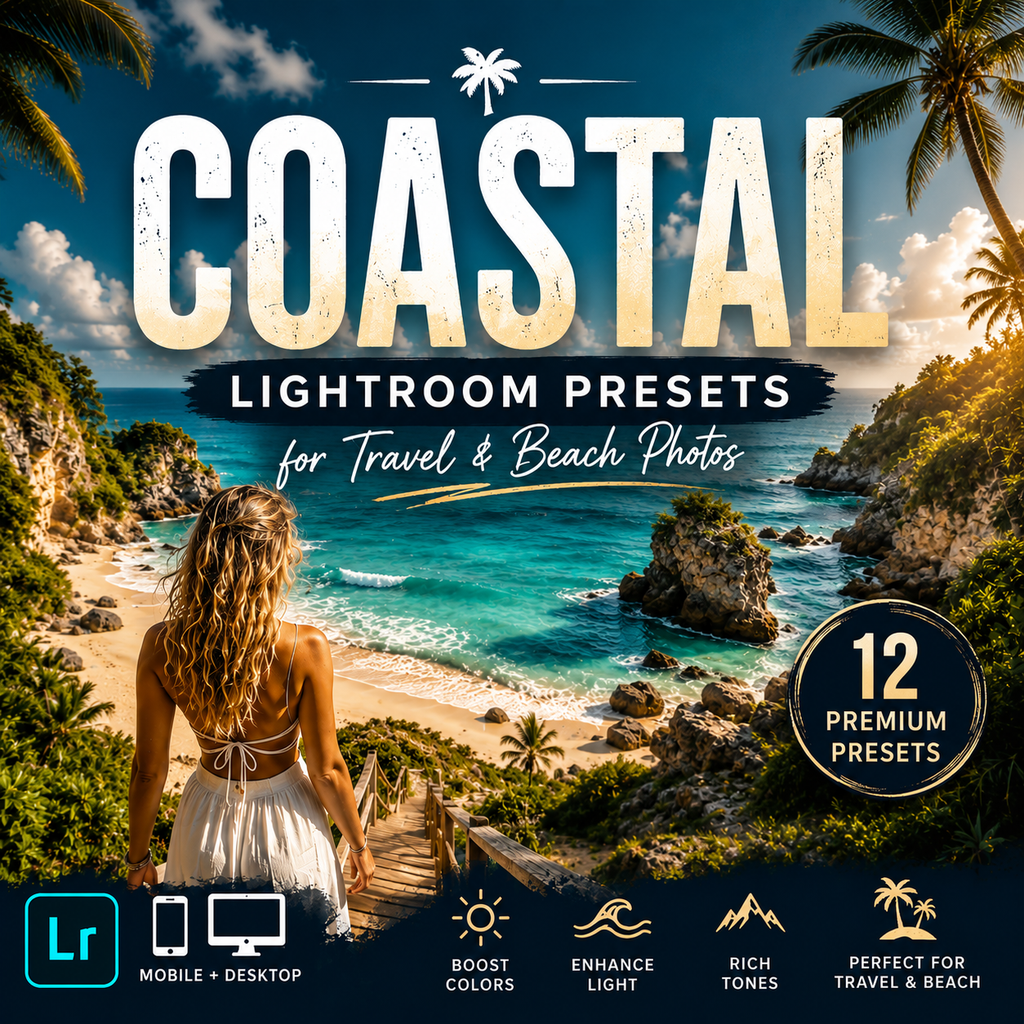 Promotional graphic for Coastal Lightroom Presets, showing a tropical beach scene with a woman standing on stone steps overlooking turquoise water. Large text reads 'COASTAL LIGHTROOM PRESETS for Travel & Beach Photos,' with a badge saying '12 Premium Presets' and compatibility icons for mobile, desktop, and web.