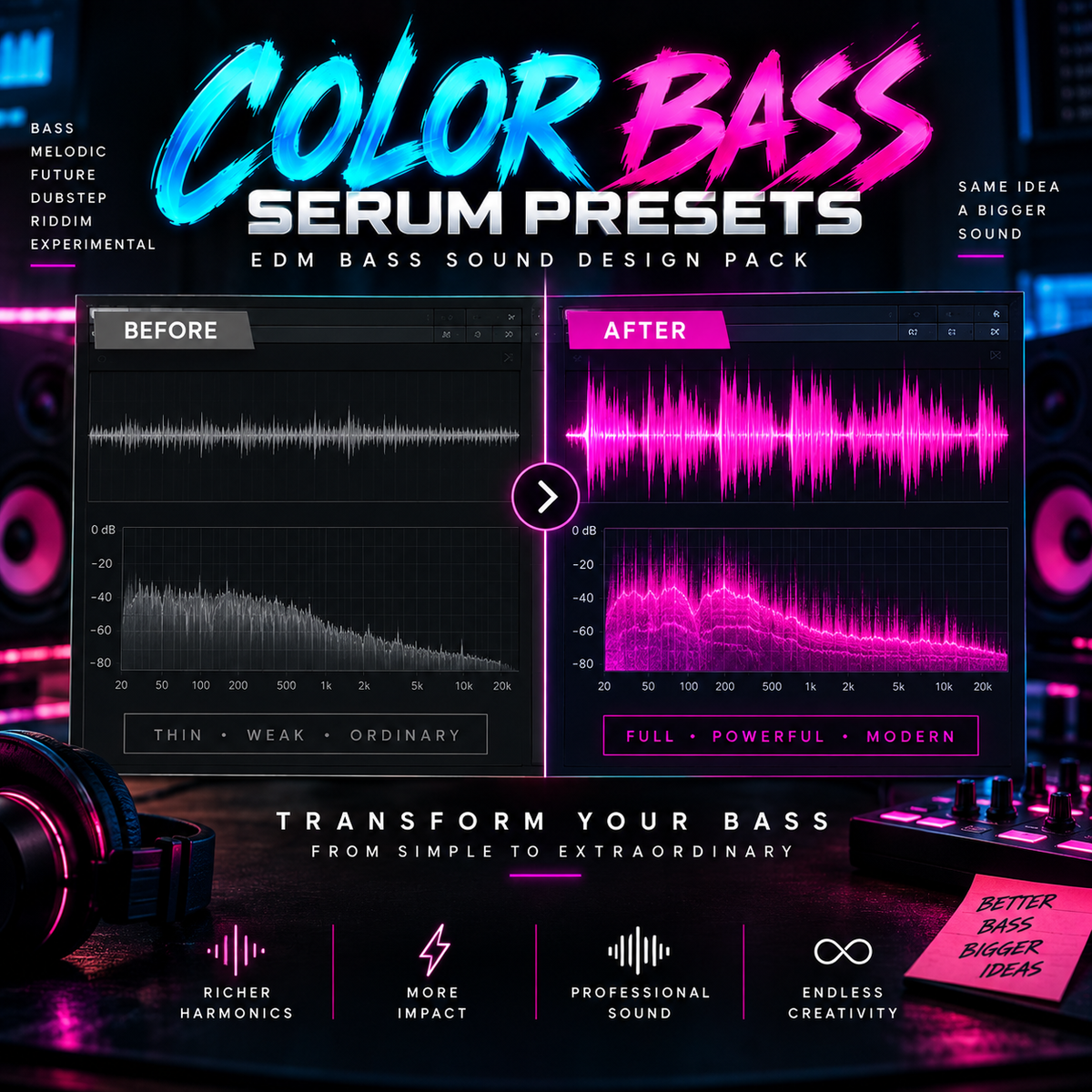 Promotional graphic for 'Color Bass Serum Presets', a EDM bass sound design preset pack. The image features a dark, neon-lit studio background with headphones, a mixer, and a pink vinyl record.