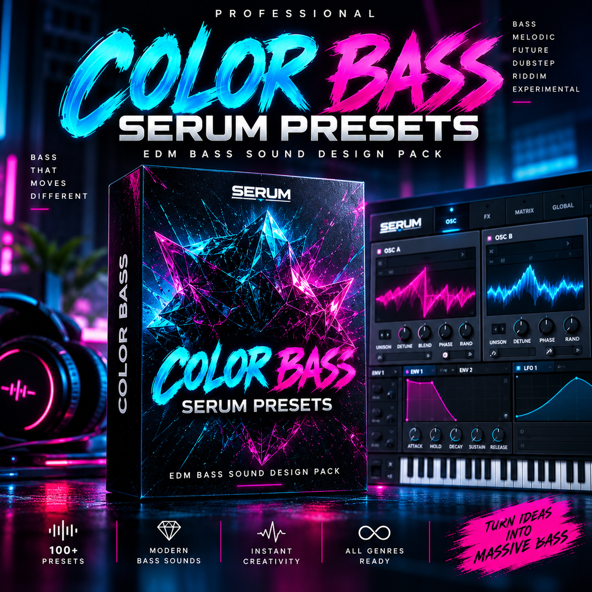 Promotional graphic for Color Bass Serum Presets EDM bass sound design pack, showing a stylized software box, virtual instrument panels, a keyboard, and neon pink and blue graphics on a dark background.