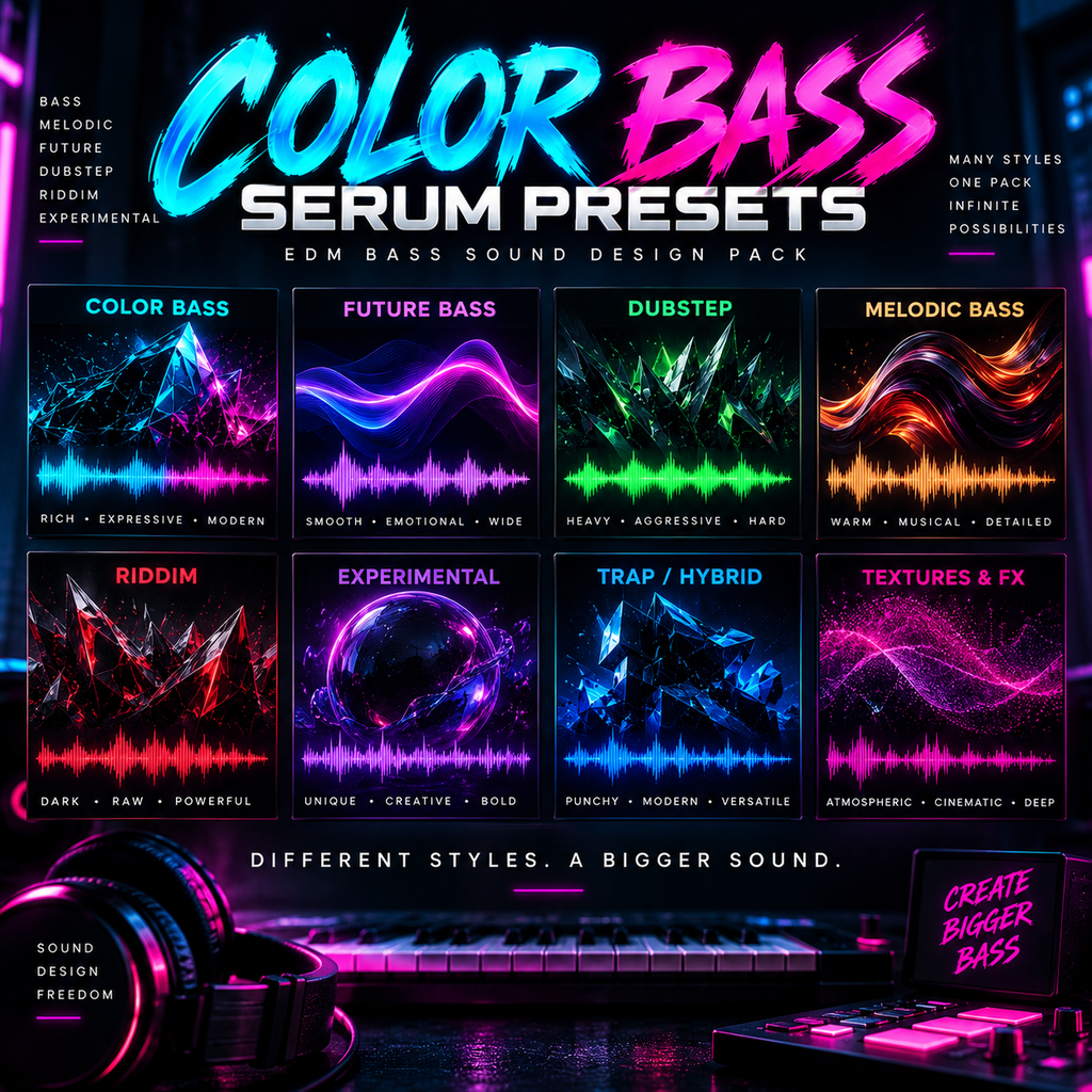 Promotional graphic for Color Bass Serum Presets EDM bass sound design pack, featuring six neon-style preset panels (Color Bass, Future Bass, Dubstep, Melodic Bass, Riddim, Experimental, Trap / Hybrid, Textures & FX) above a DJ setup with headphones and mixer in a dark club scene.