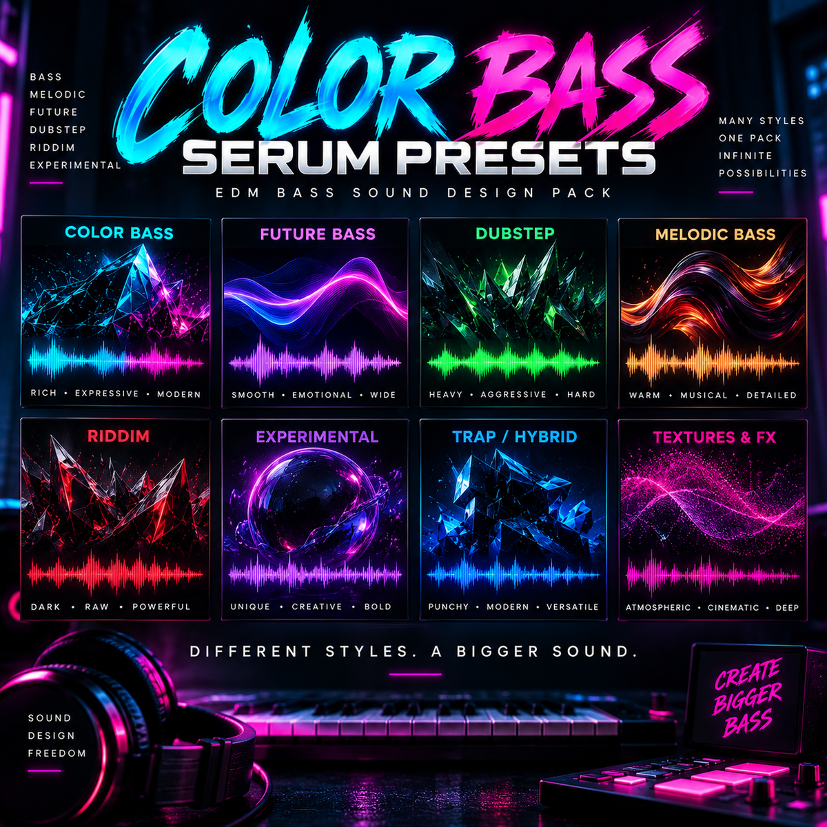 Promotional graphic for Color Bass Serum Presets EDM bass sound design pack, featuring six neon-style preset panels (Color Bass, Future Bass, Dubstep, Melodic Bass, Riddim, Experimental, Trap / Hybrid, Textures & FX) above a DJ setup with headphones and mixer in a dark club scene.