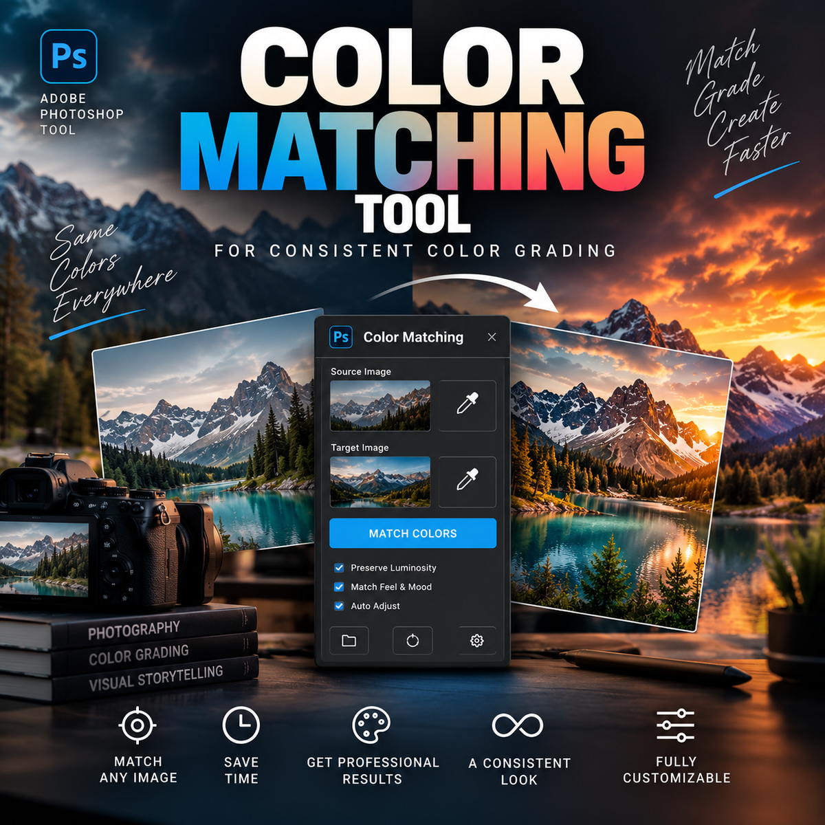 Promotional graphic for a Photoshop color matching tool, showing a dark software interface window in the center, large text reading 'COLOR MATCHING TOOL,' mountain landscape previews on screens, and feature icons along the bottom.