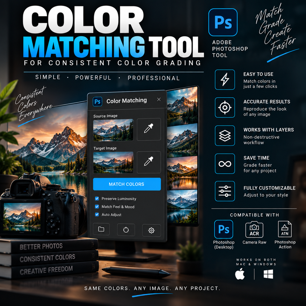 Promotional graphic for the Color Matching Tool for consistent color grading, featuring a software interface mockup, a camera, stacked books, and multiple mountain landscape previews. Text highlights compatibility with Adobe Photoshop, Lightroom, and Camera Raw, and lists features like accurate results, layer support, and customizable settings.