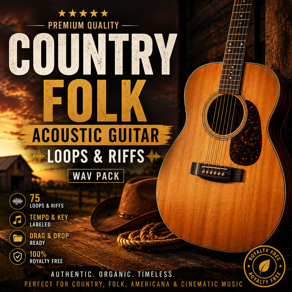 Country folk acoustic guitar WAV pack featuring 75 royalty-free loops and riffs, labeled for easy use.