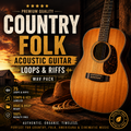 Country folk acoustic guitar WAV pack featuring 75 royalty-free loops and riffs, labeled for easy use.