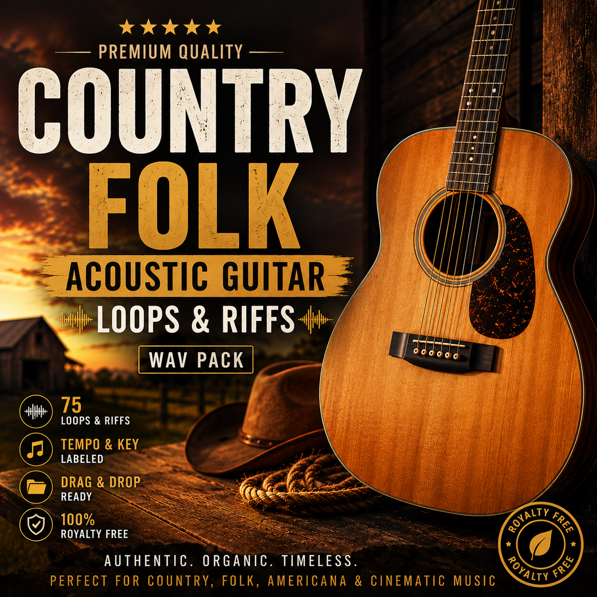 Country folk acoustic guitar WAV pack featuring 75 royalty-free loops and riffs, labeled for easy use.
