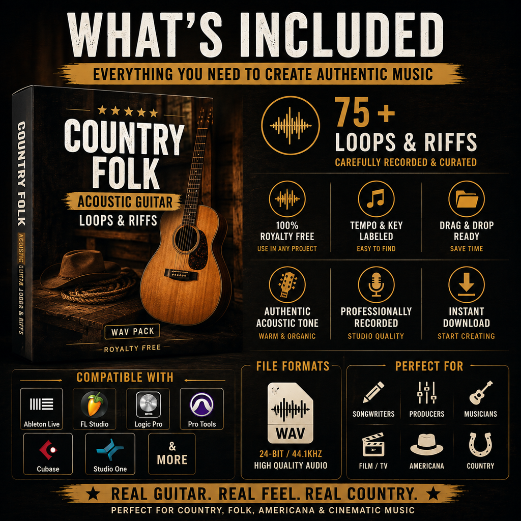 Country folk acoustic guitar WAV pack with 75+ loops and riffs, royalty-free audio, labeled files, and DAW compatibility.