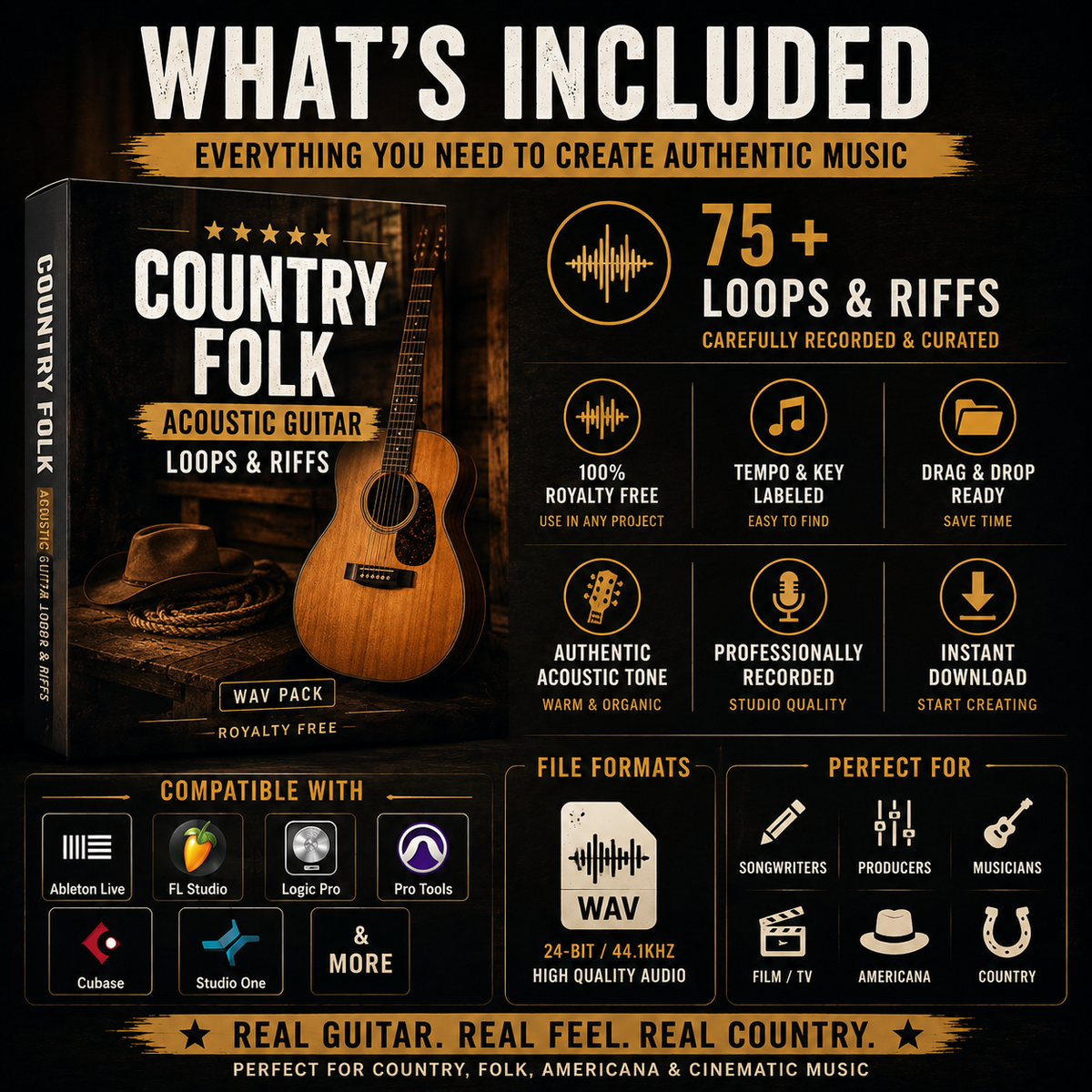 Country folk acoustic guitar WAV pack with 75+ loops and riffs, royalty-free audio, labeled files, and DAW compatibility.
