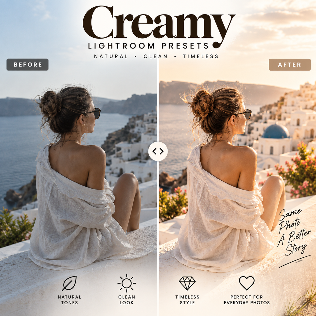 Promotional graphic for 'Creamy Lightroom Presets' showing a split-screen before/after photo of a woman sitting outdoors on white walls in a Mediterranean-style setting. Large text at the top reads 'Creamy Lightroom Presets' with smaller tagline 'Natural • Clean • Timeless.
