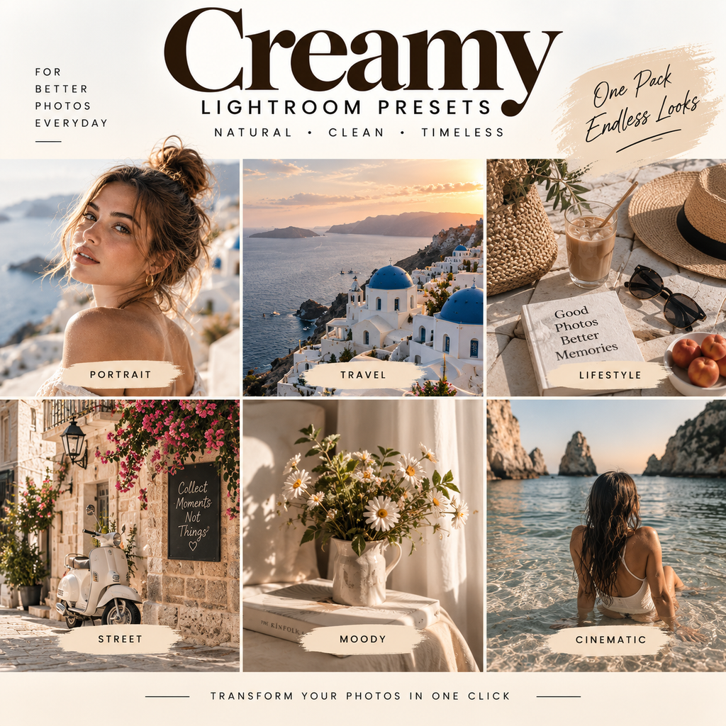 Promotional graphic for Creamy Lightroom Presets, showing a six-panel collage of warm-toned lifestyle and travel photos with labels: Portrait, Travel, Lifestyle, Street, Moody, and Cinematic. Large text reads 'Creamy Lightroom Presets' and 'One Peek Endless Looks.