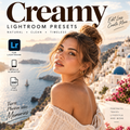 Promotional cover graphic for Creamy Lightroom Presets, featuring a woman in a cream off-the-shoulder top against a scenic Santorini background with white buildings and blue domes. Large text reads 'Creamy' and 'Lightroom Presets,' with icons for Lightroom, mobile, desktop, and XMP files.