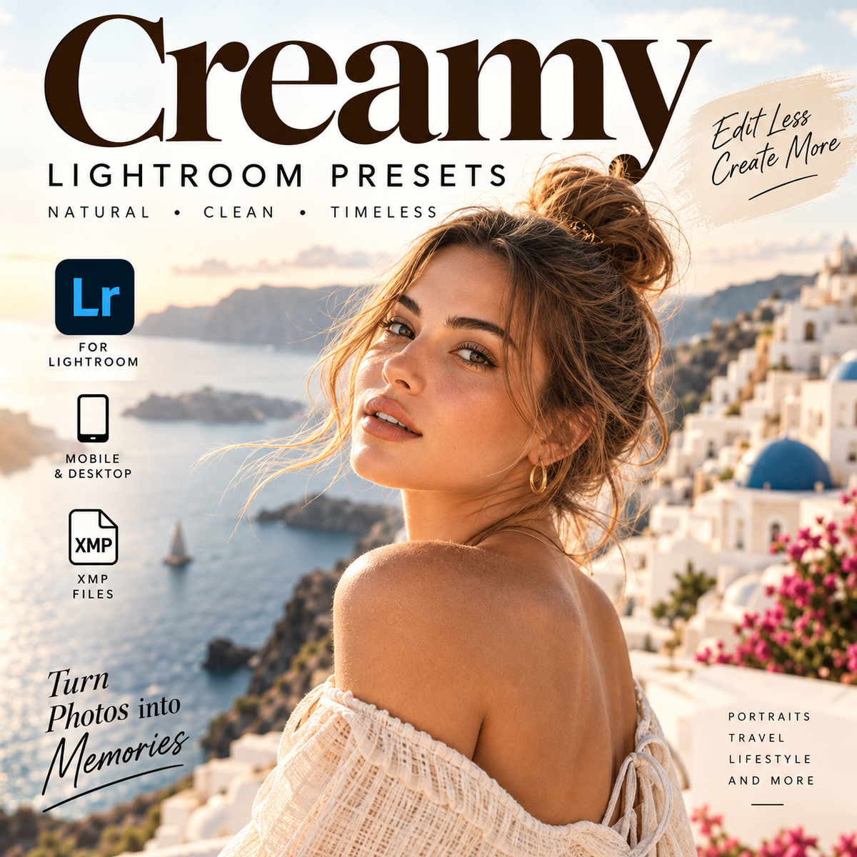 Promotional cover graphic for Creamy Lightroom Presets, featuring a woman in a cream off-the-shoulder top against a scenic Santorini background with white buildings and blue domes. Large text reads 'Creamy' and 'Lightroom Presets,' with icons for Lightroom, mobile, desktop, and XMP files.