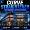 Promotional graphic for a digital Photoshop plugin called 'Curve Straightener', showing a modern glass office building with a before/after perspective correction demonstration, featuring blue and white text on a dark background.