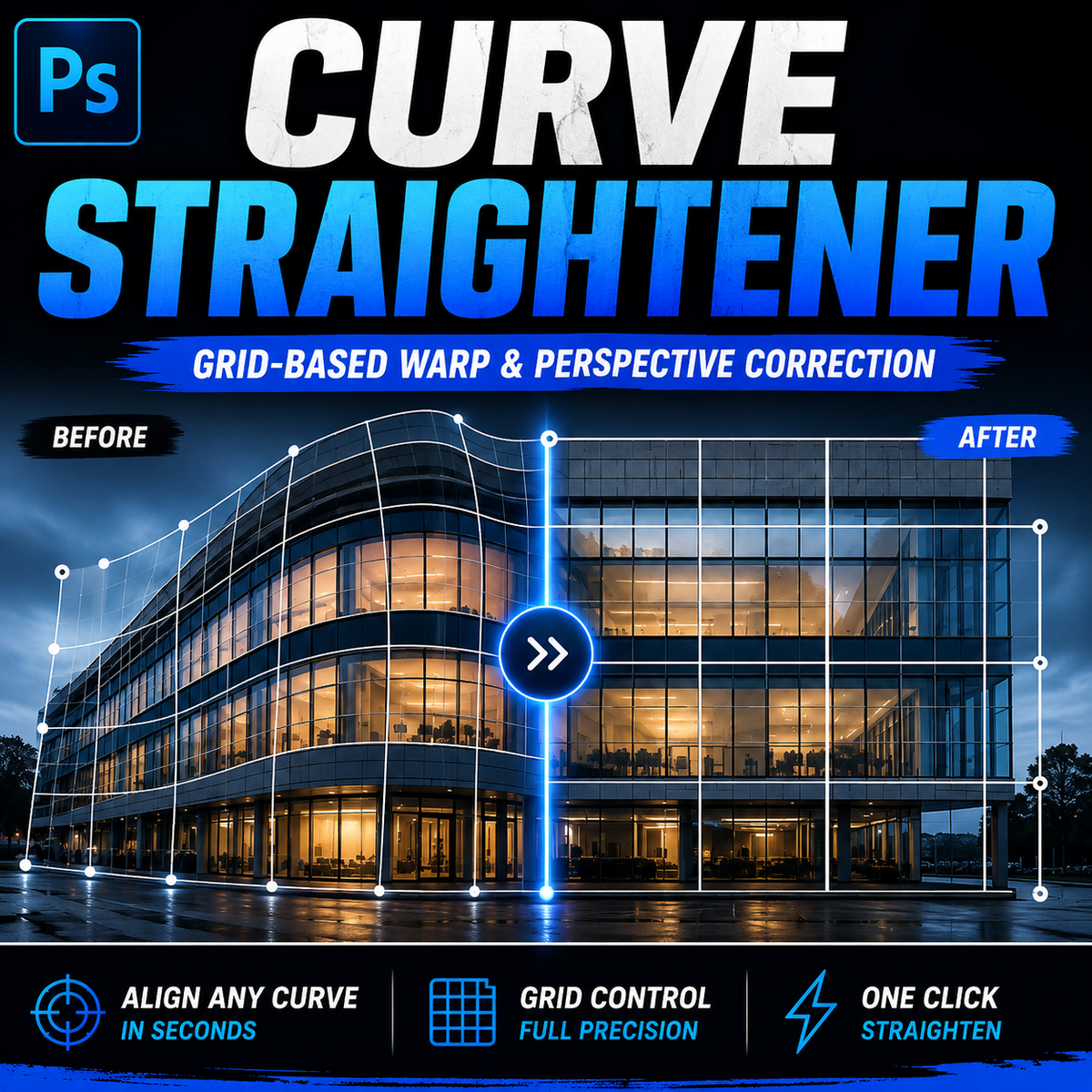 Promotional graphic for a digital Photoshop plugin called 'Curve Straightener', showing a modern glass office building with a before/after perspective correction demonstration, featuring blue and white text on a dark background.