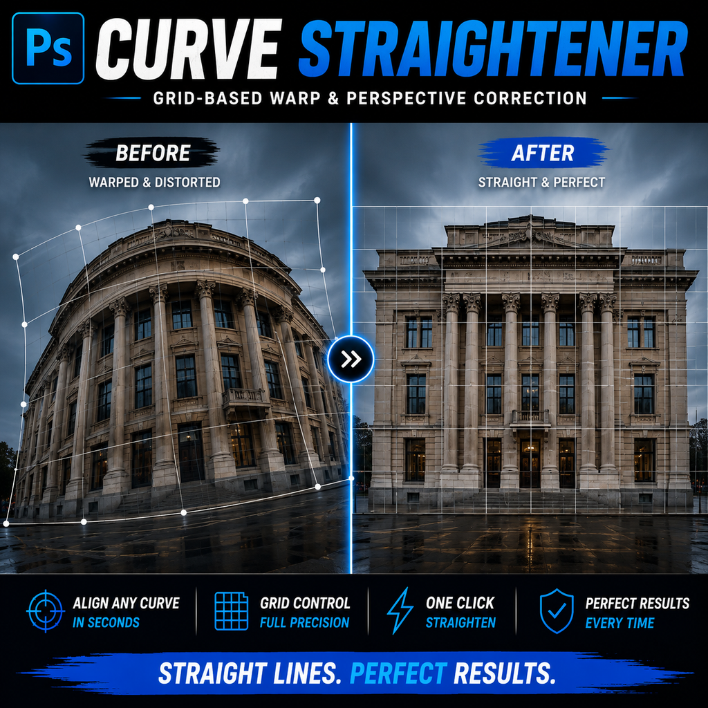 Promotional graphic for a Photoshop curve and perspective straightening tool, showing a before-and-after comparison of a classical building. The left side is labeled 'BEFORE' with warped grid lines and distorted perspective, while the right side is labeled 'AFTER' with straight, corrected perspective.