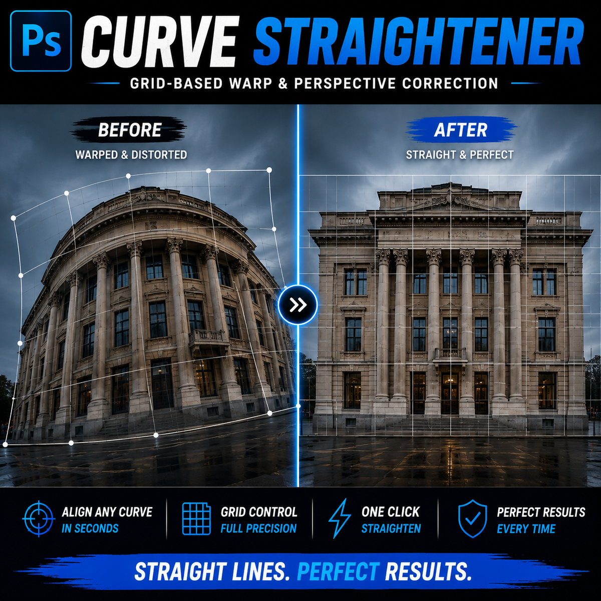 Promotional graphic for a Photoshop curve and perspective straightening tool, showing a before-and-after comparison of a classical building. The left side is labeled 'BEFORE' with warped grid lines and distorted perspective, while the right side is labeled 'AFTER' with straight, corrected perspective.