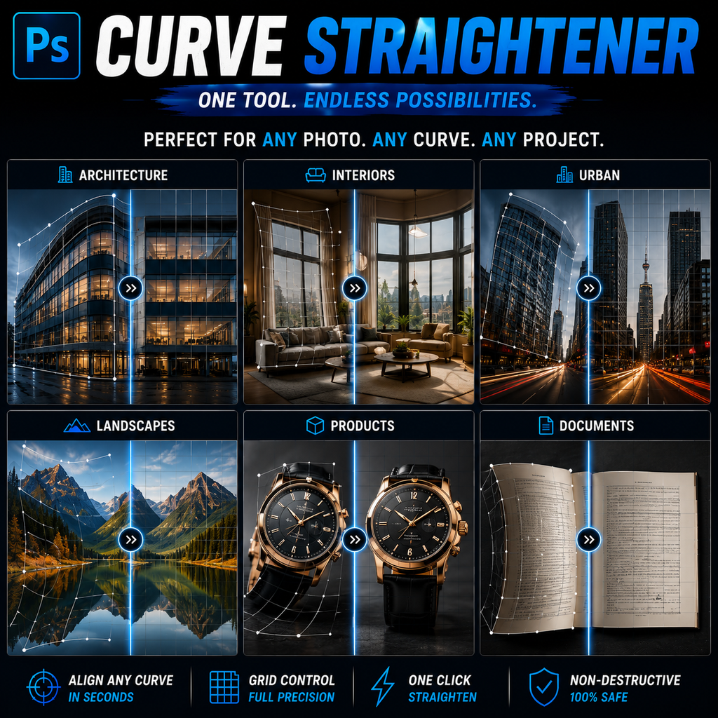 Promotional graphic for a photo-editing tool called Curve Straightener, showing six example panels: architecture, interiors, urban scenes, landscapes, products, and documents, each with curved lines and before/after straightening results. Large text reads 'CURVE STRAIGHTENER' with a Photoshop-style Ps icon.
