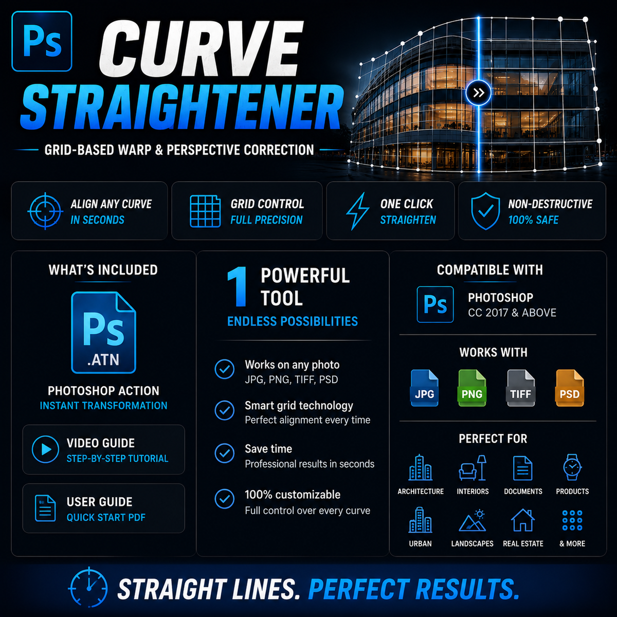 Promotional graphic for a Photoshop curve straightener plugin, featuring a dark blue background with white and blue text, a 3D architectural rendering of a building with grid overlays, and icons for Photoshop compatibility and included files.