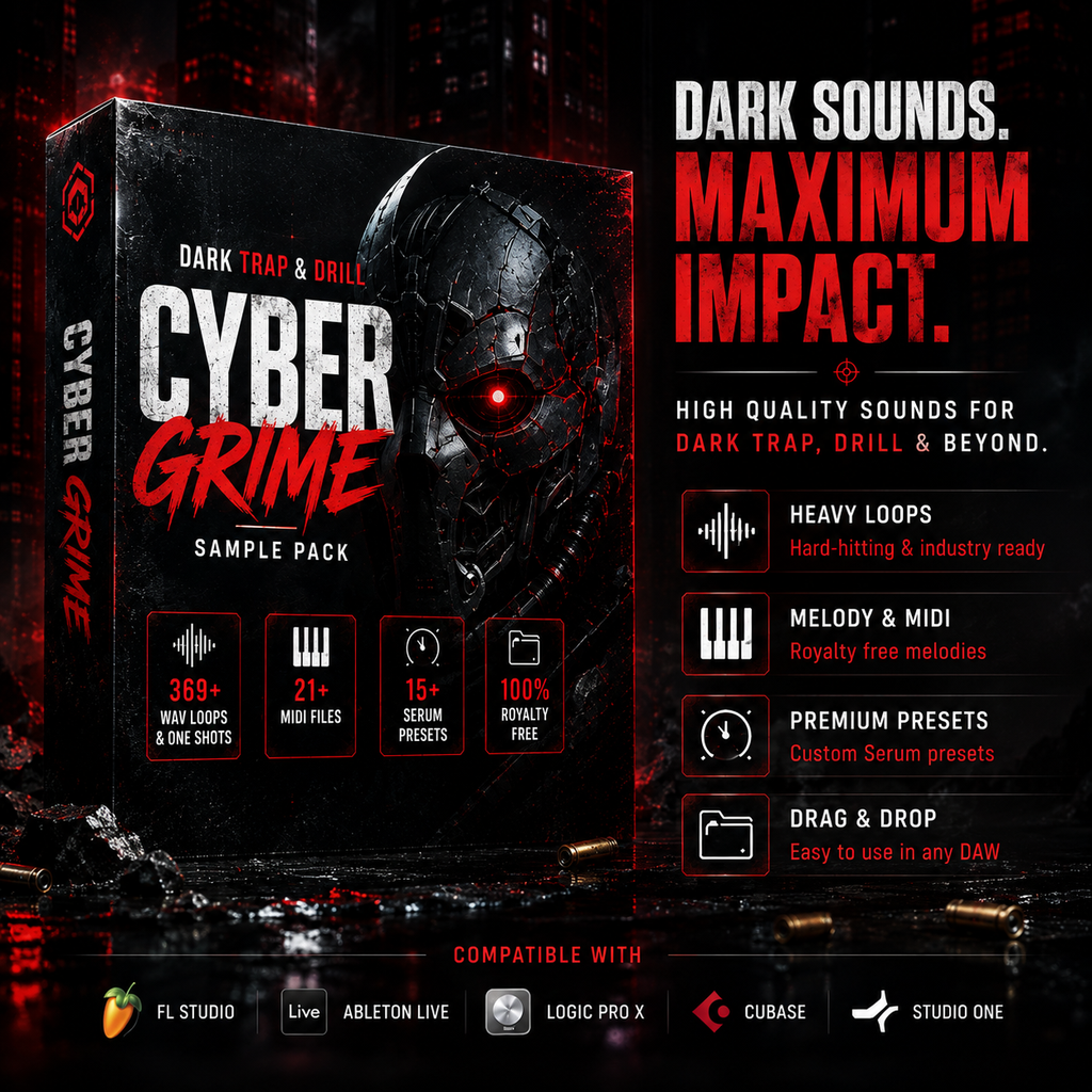 Promotional graphic for a digital sample pack titled 'Cyber Grime' with a large product box on the left, a dark futuristic robot face on the right, and marketing text including 'Dark Sounds. Maximum Impact.