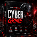 A boxed sample pack product render titled "CYBER GRIME" with dark trap and drill music production branding. The box is predominantly black and dark gray with large distressed white "CYBER" text and bold red "GRIME" lettering.
