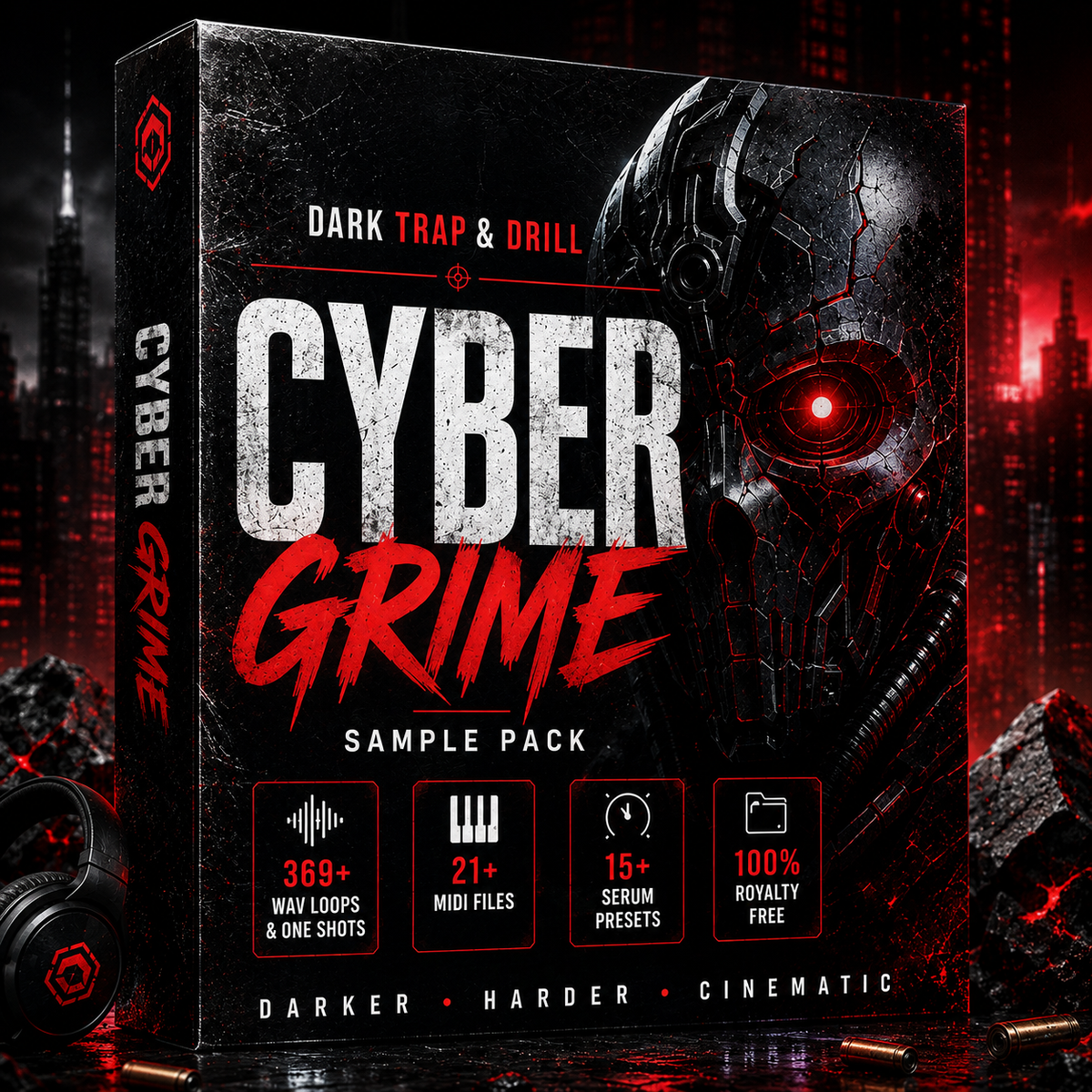 A boxed sample pack product render titled "CYBER GRIME" with dark trap and drill music production branding. The box is predominantly black and dark gray with large distressed white "CYBER" text and bold red "GRIME" lettering.