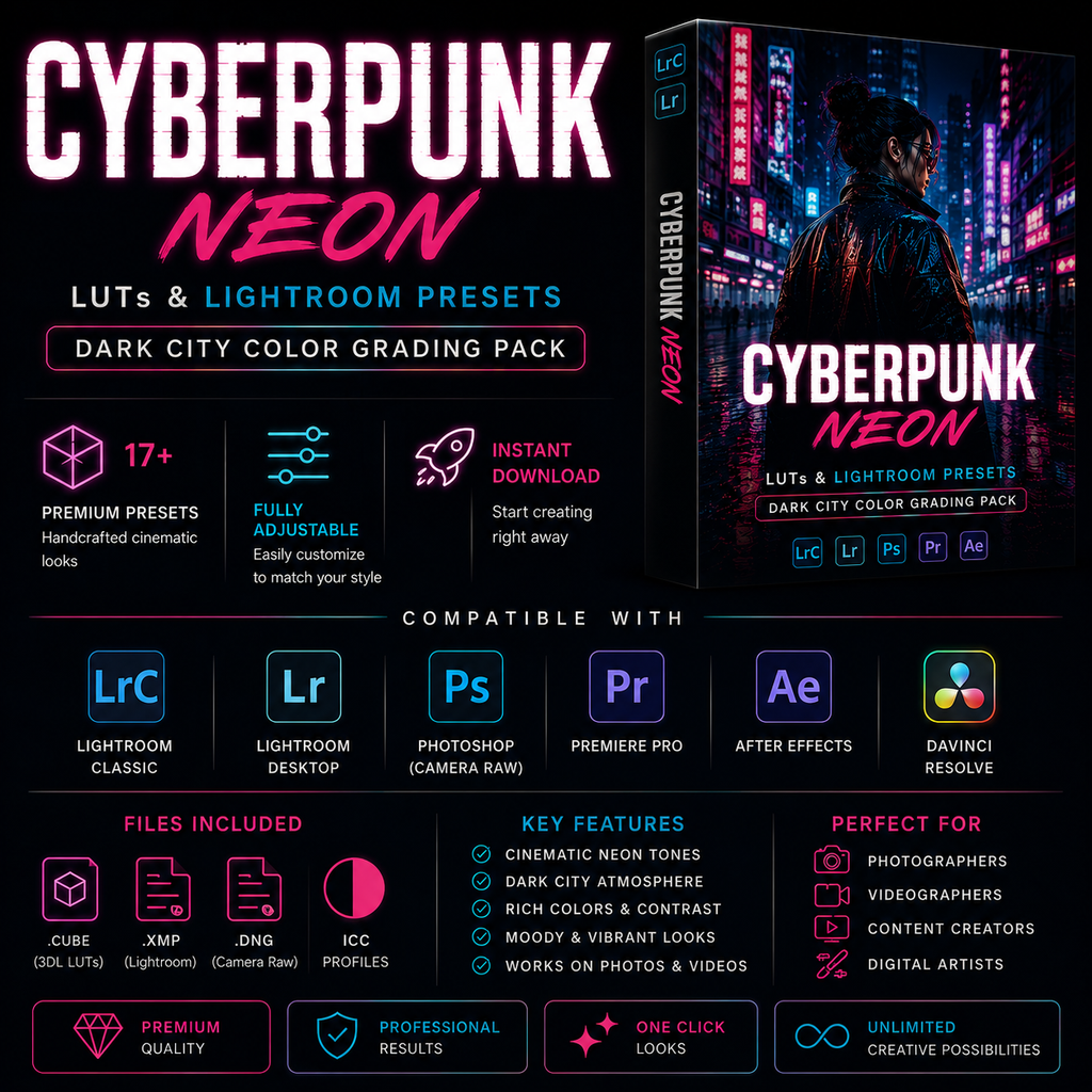 Promotional graphic for a 'Cyberpunk Neon' Lightroom preset pack, showing a 3D software box mockup on the right and a dark promotional layout on the left with feature callouts, compatibility logos for Lightroom, Photoshop, Premiere Pro, After Effects, and DaVinci Resolve, and file format icons.