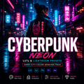 Promotional graphic for a cyberpunk neon presets pack, featuring a person from behind in a neon-lit futuristic city street. Large text reads 'CYBERPUNK NEON' with smaller text 'LUTs & Lightroom Presets' and 'Dark City Color Grading Pack.