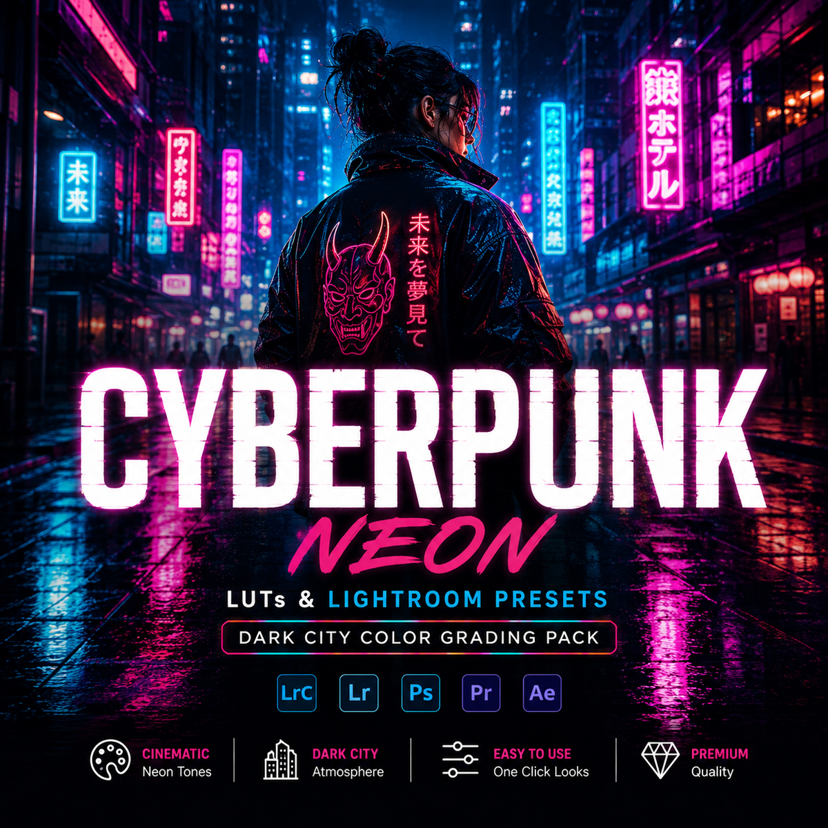 Promotional graphic for a cyberpunk neon presets pack, featuring a person from behind in a neon-lit futuristic city street. Large text reads 'CYBERPUNK NEON' with smaller text 'LUTs & Lightroom Presets' and 'Dark City Color Grading Pack.