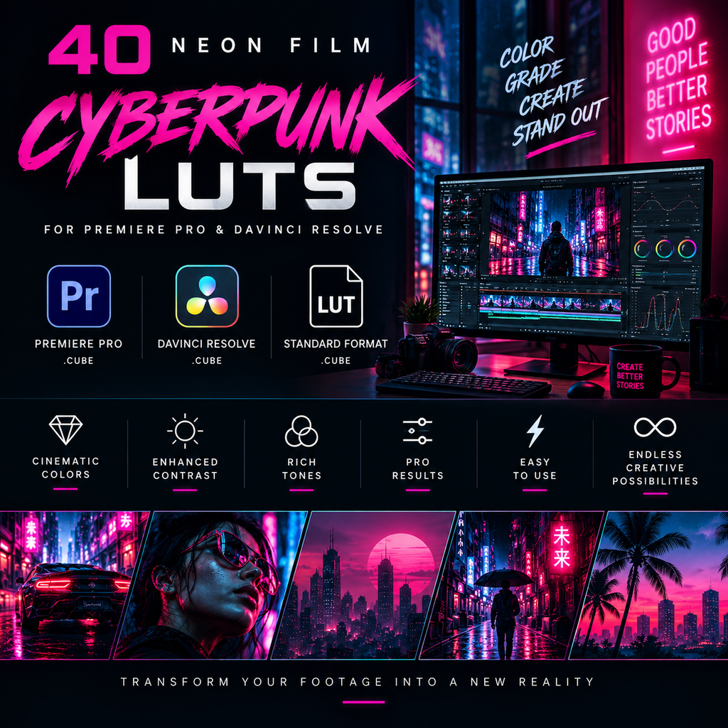 Promotional graphic for a digital product titled '40 NEON FILM CYBERPUNK LUTS' for Premiere Pro and DaVinci Resolve. The design features a dark, high-contrast layout with neon pink, purple, and blue text, software compatibility icons, and several example cinematic cyberpunk scene thumbnails.