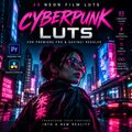 Promotional cover art for a set of 40 neon film Luts (color grades) for Adobe Premiere Pro and DaVinci Resolve. The design features a futuristic cyberpunk city scene with a woman in sunglasses in the foreground, glowing pink and blue neon signs, and bold text reading 'CYBERPUNK LUTS'.