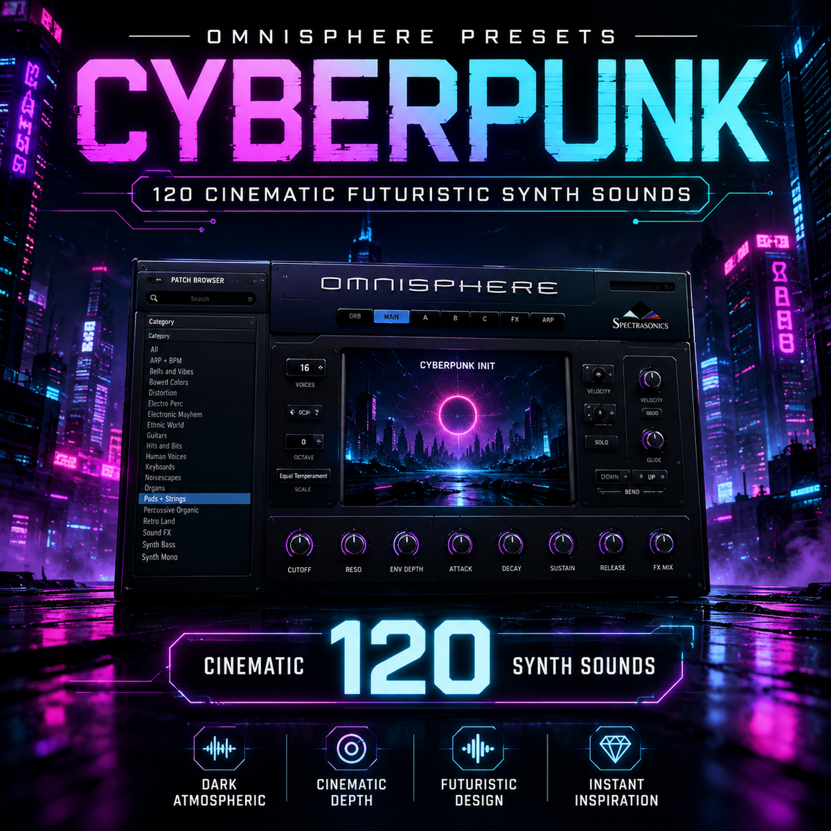 Promotional graphic for Omnisphere Presets Cyberpunk, showing a large stylized software interface mockup in a neon cyberpunk city scene. The text reads 'Cyberpunk', '120 Cinematic Futuristic Synth Sounds', and lists features like dark atmospheric, cinematic depth, futuristic design, and instant inspiration.