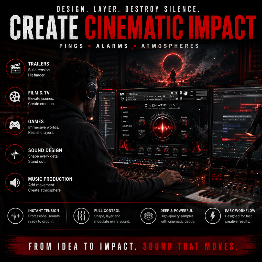 Professional sound designer using a Kontakt trailer sound toolkit to create cinematic tension and atmosphere