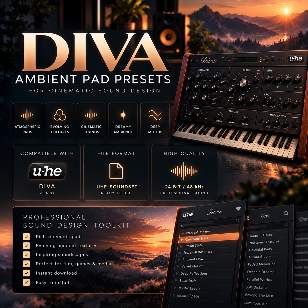 Promotional graphic for DIVA Ambient Pad Presets, showing a large title over a scenic sunset landscape, a modular synthesizer keyboard, and interface panels for sound design presets. Text highlights compatibility with u-he and UHE-Soundset, and claims high-quality professional sound design.