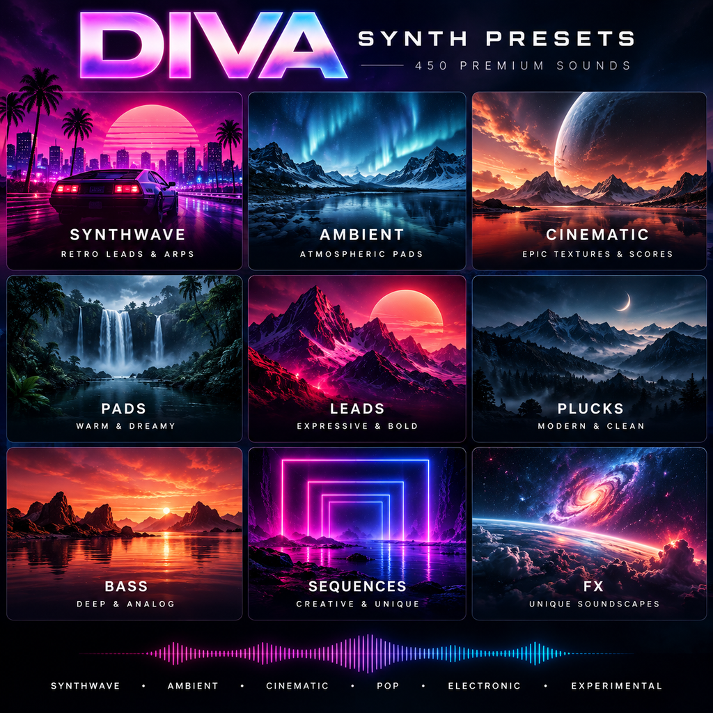 Promotional graphic for 'DIVA SYNTH PRESETS' showing a 3x3 grid of neon sci-fi and atmospheric soundscapes with labeled categories: Synthwave, Ambient, Cinematic, Pads, Leads, Plucks, Bass, Sequences, and FX. Large 'DIVA' title at top with '450 Premium Sounds' text, plus a multicolor waveform strip along the bottom.