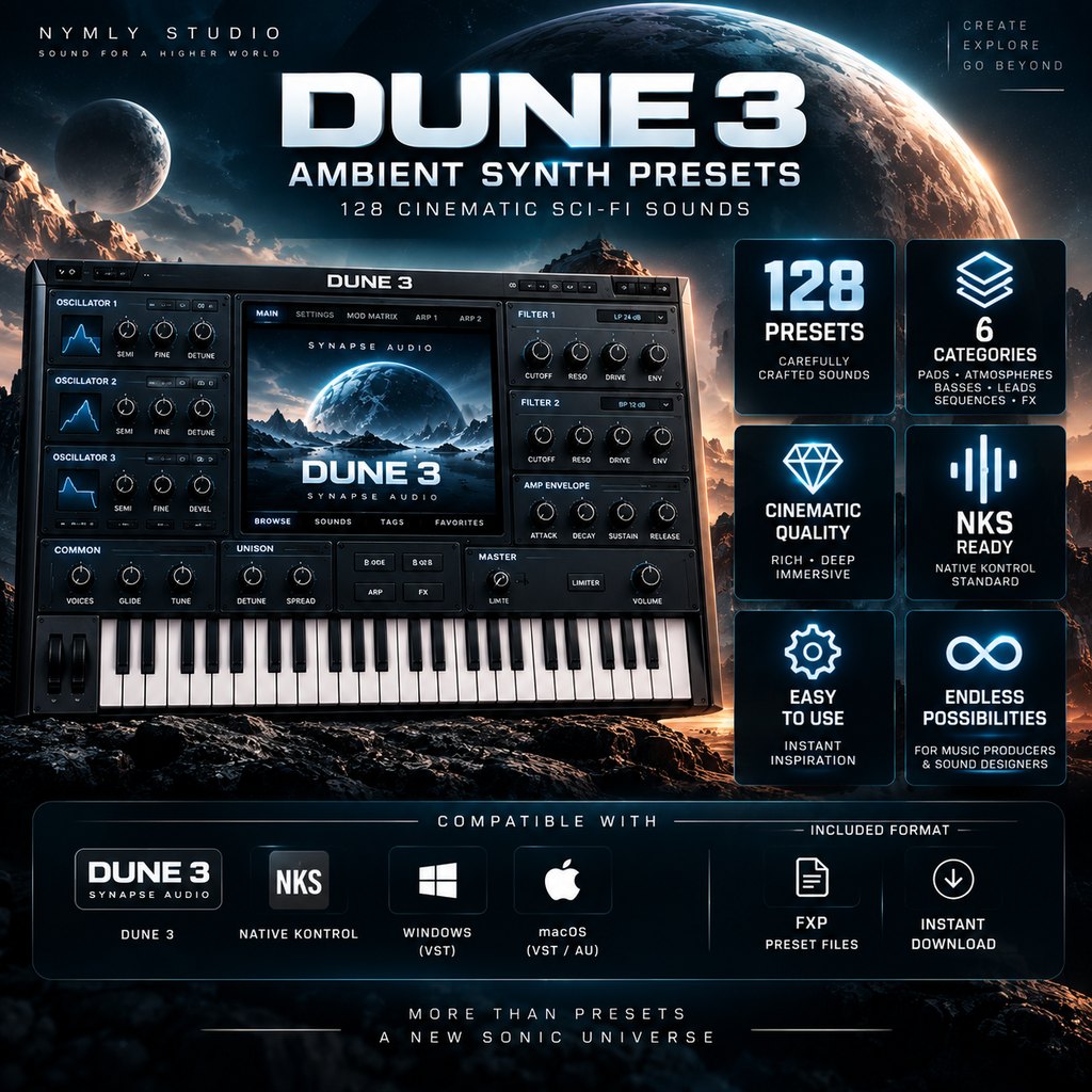 Promotional graphic for Dune 3 Ambient Synth Presets by Nymly Studio, showing a synthesizer interface with sci-fi themed background, text listing 128 presets, compatibility with Juno-6 and Native Instruments NKS, and feature icons on the right.