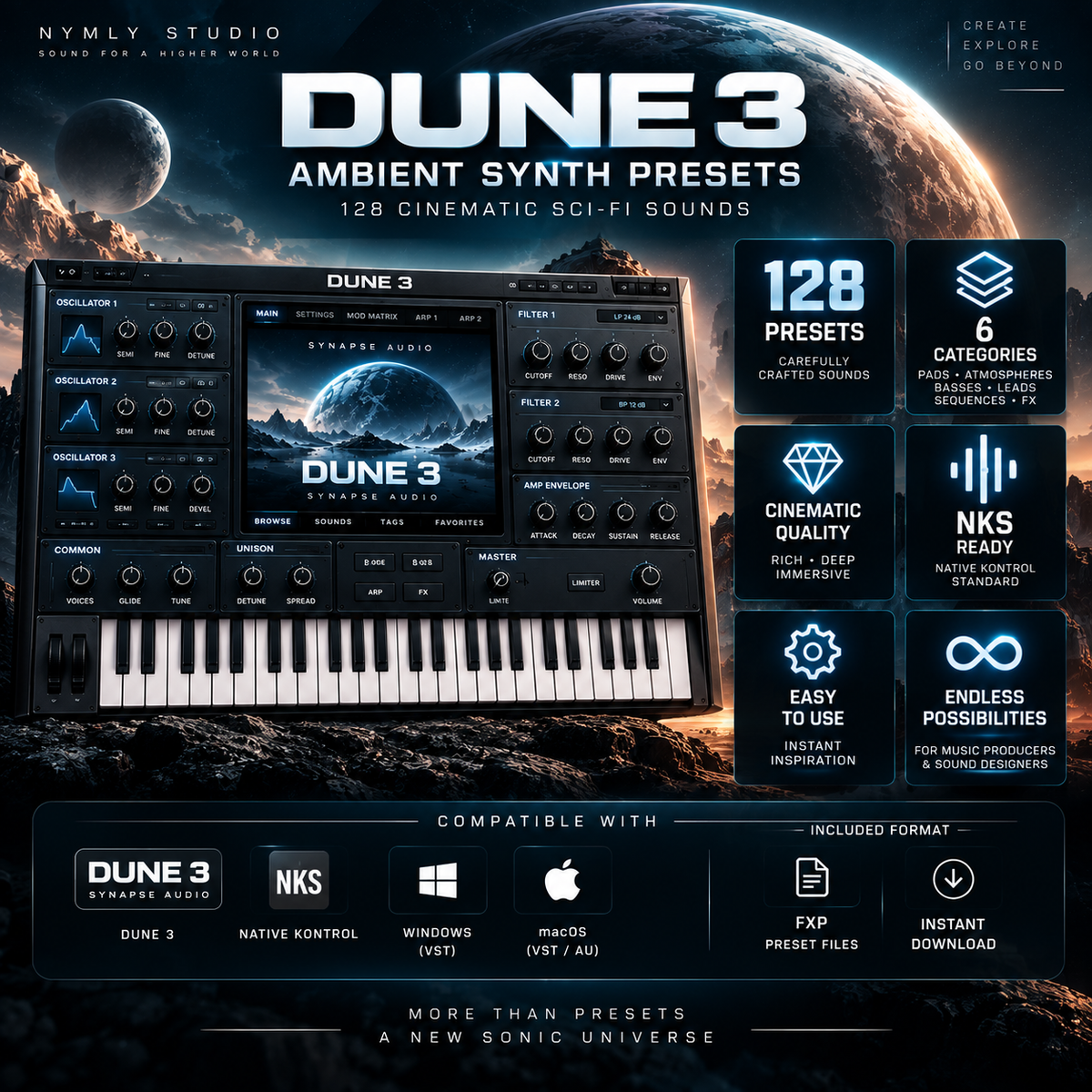 Promotional graphic for Dune 3 Ambient Synth Presets by Nymly Studio, showing a synthesizer interface with sci-fi themed background, text listing 128 presets, compatibility with Juno-6 and Native Instruments NKS, and feature icons on the right.