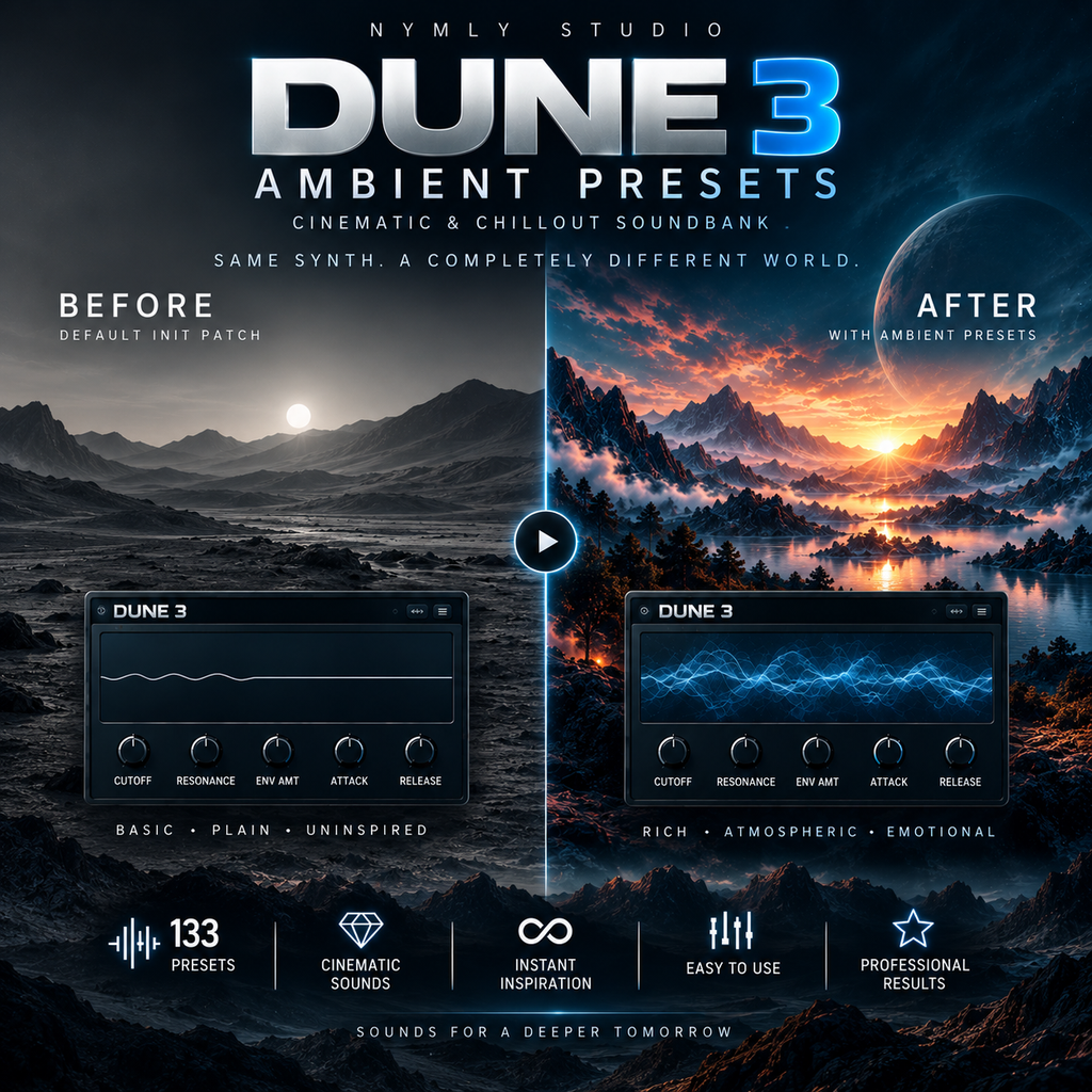 Promotional graphic for 'Dune 3 Ambient Presets' by Nymly Studio, showing a split-screen comparison of a desert landscape with and without atmospheric sound presets. The left side shows a dark, flat desert scene labeled 'Before', and the right side shows a colorful desert landscape with mountains, a lake, and a glowing sunset labeled 'After'.