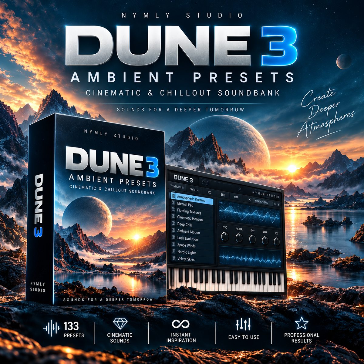 Promotional graphic for 'Dune 3 Ambient Presets' by Nymly Studio, showing a software box, a digital audio interface window, and a cinematic desert landscape with planets and mountains. Text highlights 'Cinematic & Chillout Soundbank' and feature badges such as '133 Presets' and 'Infinite Inspiration'.