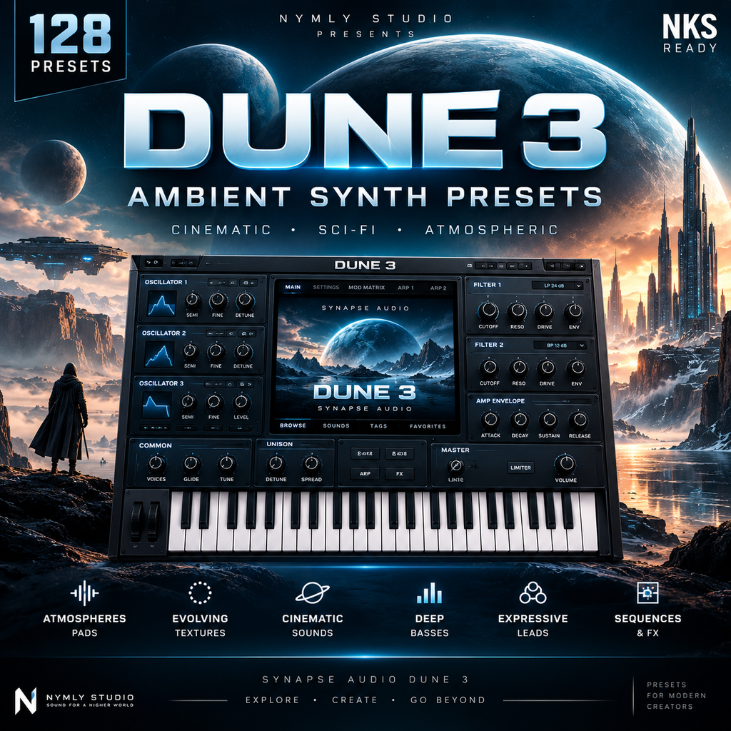Promotional graphic for 'Dune 3 Ambient Synth Presets' by Nymly Studio, showing a modular synth interface mockup over a sci-fi desert landscape with planets and futuristic cityscapes. Text highlights 128 presets and features like cinematic, sci-fi, and atmospheric sound design.