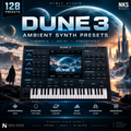 Promotional graphic for 'Dune 3 Ambient Synth Presets' by Nymly Studio, showing a modular synth interface mockup over a sci-fi desert landscape with planets and futuristic cityscapes. Text highlights 128 presets and features like cinematic, sci-fi, and atmospheric sound design.