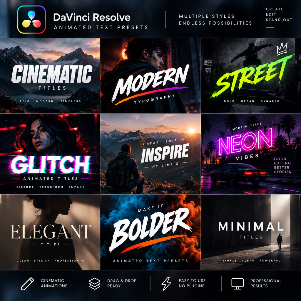 A promotional collage for DaVinci Resolve Animated Text Presets, showing a 3x3 grid of stylized title-effect examples such as Cinematic, Modern Typography, Street, Glitch, Inspire, Neon Vibes, Elegant, Bolder, and Minimal. The top banner includes the DaVinci Resolve branding and text like 'Multiple Styles Endless Possibilities.