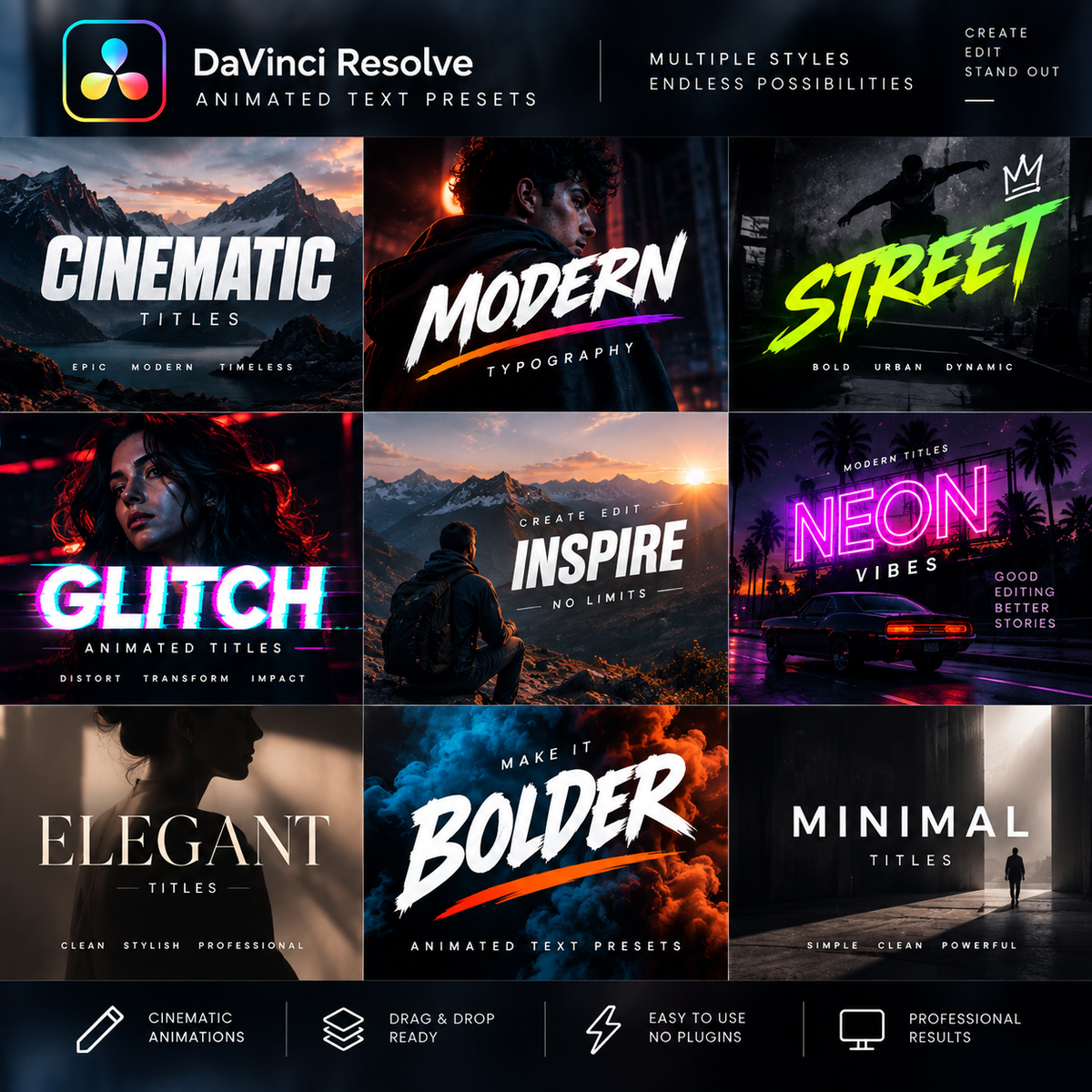 A promotional collage for DaVinci Resolve Animated Text Presets, showing a 3x3 grid of stylized title-effect examples such as Cinematic, Modern Typography, Street, Glitch, Inspire, Neon Vibes, Elegant, Bolder, and Minimal. The top banner includes the DaVinci Resolve branding and text like 'Multiple Styles Endless Possibilities.