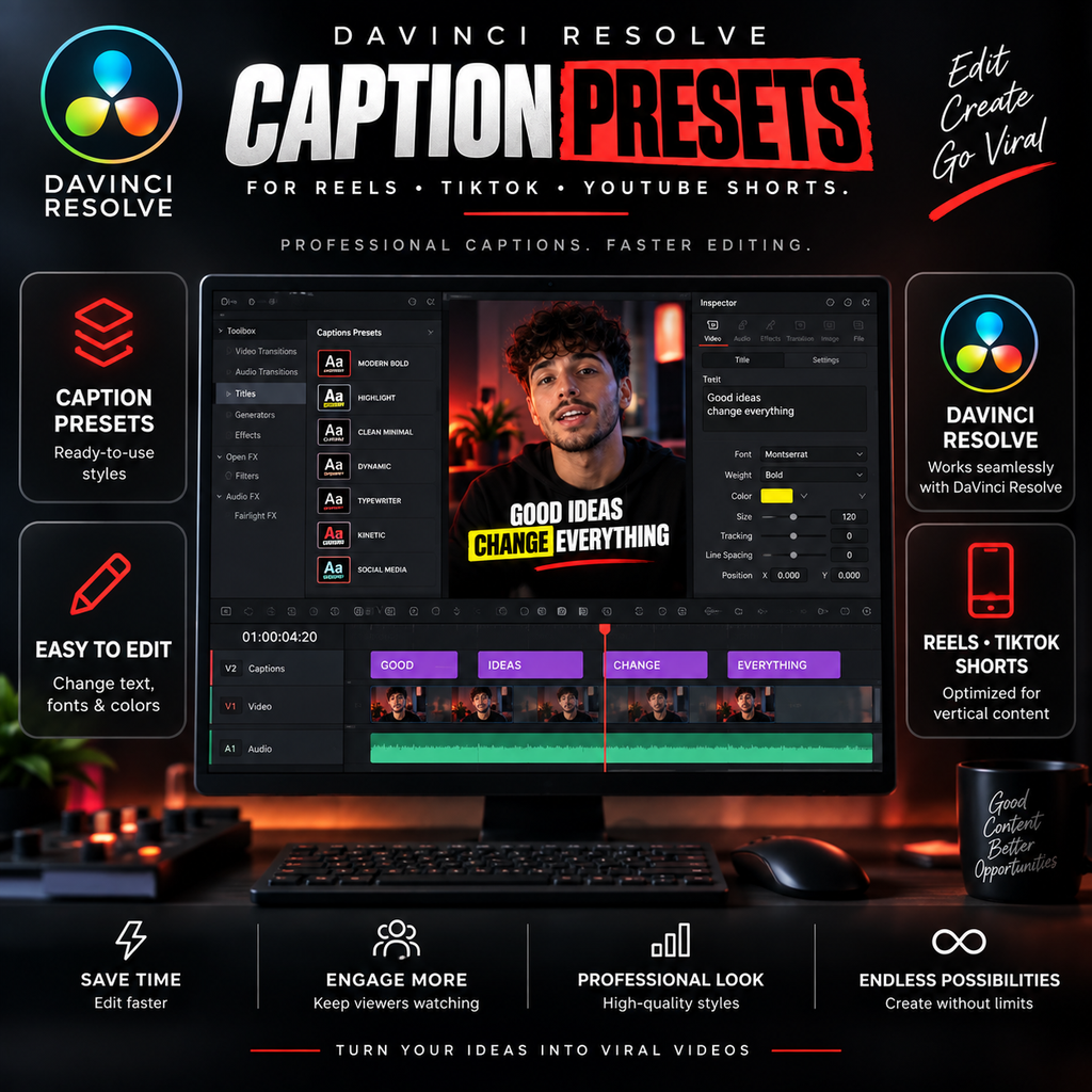 Promotional graphic for Davinci Resolve Caption Presets, showing a computer monitor with video editing interface and text callouts for captions, reels, tiktok, youtube shorts, and Davinci Resolve compatibility.