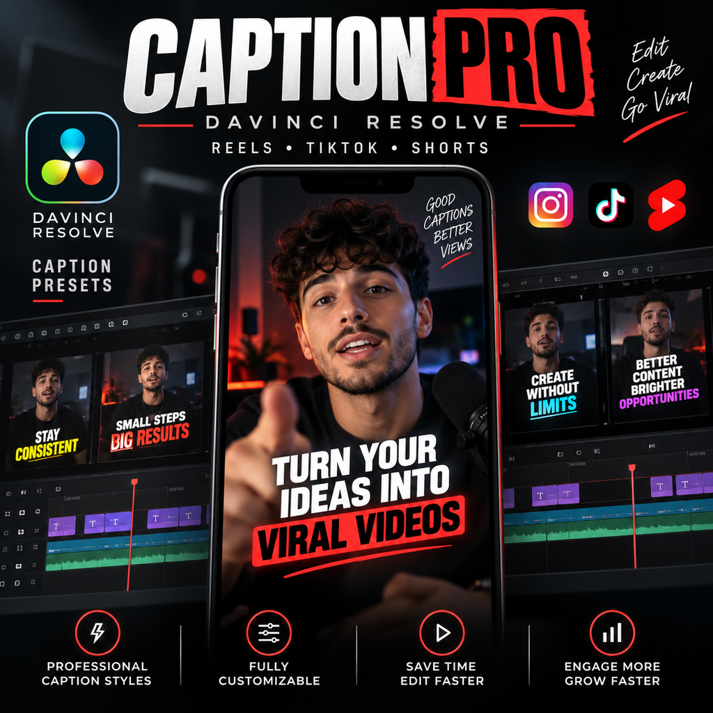Promotional graphic for Caption Pro, a digital editing preset pack for Davinci Resolve, TikTok, and Instagram. The design features a central smartphone mockup displaying a video editing interface with a portrait of a man, flanked by Davinci Resolve and social media logos, and four feature icons at the bottom.