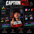 Promotional graphic for Caption Pro, a digital editing preset pack for Davinci Resolve, TikTok, and Instagram. The design features a central smartphone mockup displaying a video editing interface with a portrait of a man, flanked by Davinci Resolve and social media logos, and four feature icons at the bottom.