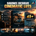 Promotional graphic for Davinci Resolve Cinematic Luts & Powergrades presets, showing a large product box with a scenic sunset image on the front, text overlays, feature icons, and small example thumbnails along the bottom.