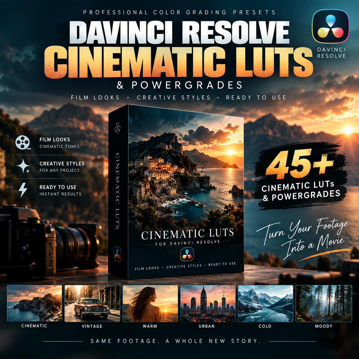 Promotional graphic for Davinci Resolve Cinematic Luts & Powergrades presets, showing a large product box with a scenic sunset image on the front, text overlays, feature icons, and small example thumbnails along the bottom.