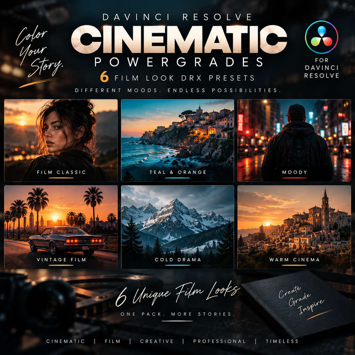 Promotional graphic for Cinematic Powerares DRX presets, showing six film-style scene thumbnails and text advertising Dainci Resolve cinematic power presets for Davinci Resolve.